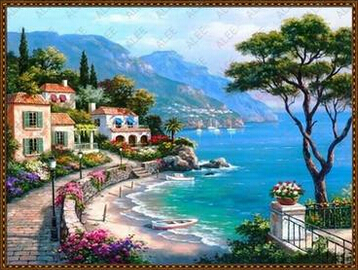 地中海装饰画纯手绘简欧式风景油画客厅有框挂画无框壁画田园风格